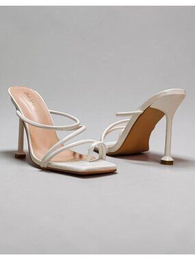 Strappy White High Heel Mules With Square Toe & Slim Stiletto Heels For Women